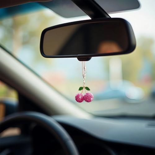 Bling Cherry Car Hanging Ornament, Cute Crystal Rear View Mirror Pendant - Image 5