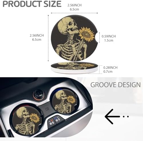 Cup Holder for Car, Skull Embracing A Sunflower Design Ceramic Coasters - Image 3