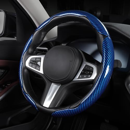 Carbon Fiber Steering Wheel Cover Universal 3pcs Protector Glossy Blue - Image 3
