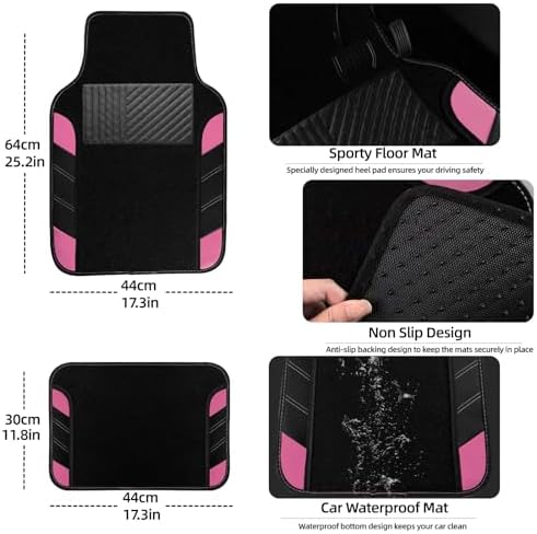 NBTEPEM 10 Pcs Pink Car Floor Mats Full Set & Sport Leather Pink Steering Wheel - Image 4