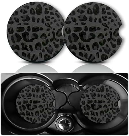 2Pcs Black Leopard Print Car Coasters, 2.75" Neoprene Cup Holder Coasters by Databa