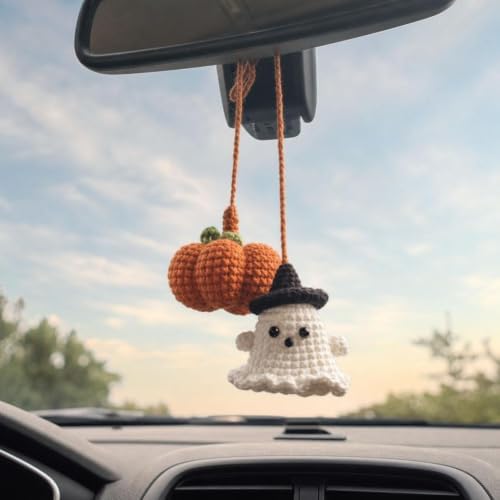 Halloween Crochet Pumpkin Ghost Car Mirror Pendant Charm - Image 4