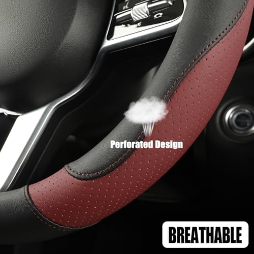 Black Burgundy Microfiber Leather Steering Wheel Cover 15 inch - Image 3