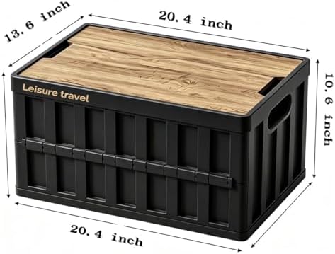 3 Pack 50L Black Collapsible Storage Crate Wooden Lid Stackable Bin - Image 3
