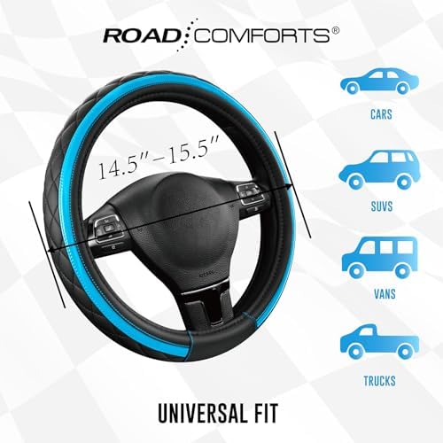 Road Comforts Leather Steering Wheel Cover – Black & Blue, Universal Fit - Image 7