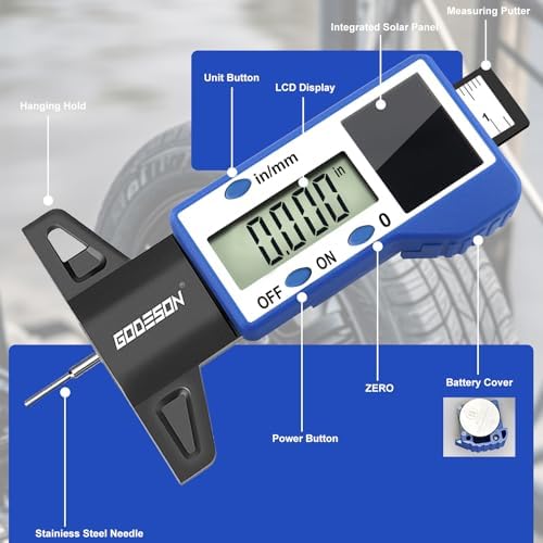 GODESON Digital Tire Tread Depth Gauge – Solar & Battery Hybrid, Inch/MM Modes - Image 2