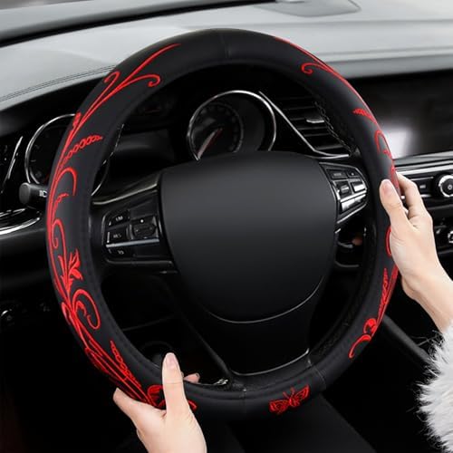 Red Embroidery Butterfly Car Steering Wheel Cover, 14.5-15 Inch Universal - Image 2