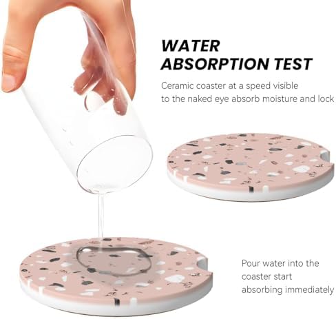 Pink Terrazzo Car Coasters for Cup Holder Absorbent Ceramic Cup Coaster 2 Pack - Image 3