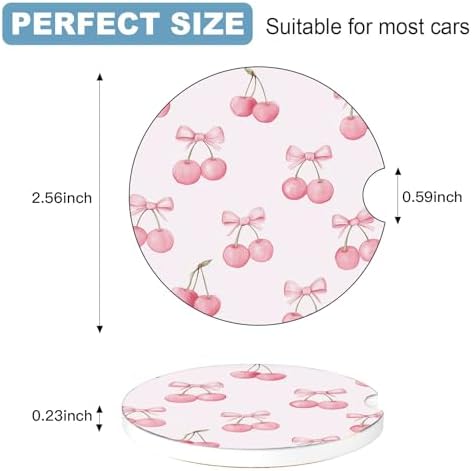 Ceramic Car Cup Holder Coasters Set of 2, 2.56 in Pink Bow Cherry - Image 2