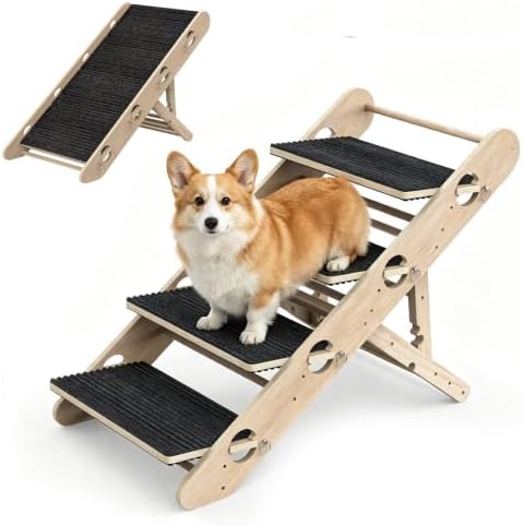 Dog Ramp for Bed, Foldable 15"x34" Solid Wood Pet Stairs for Small Dog by BestBeeTrap