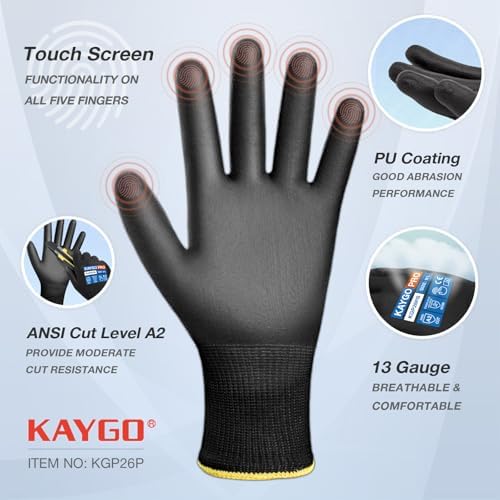 KAYGO Cut Resistant Work Gloves PU Coated, Touchscreen, 12 Pairs - Image 2