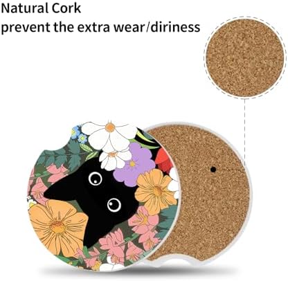 Cute Black Cat Car Coasters for Drinks Absorbent, 2 Pack Cup Holders, 2.56" - Image 3