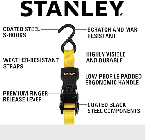 STANLEY S10002 Black/Yellow 1" x 10' Ratchet Tie Down Straps - 500 lb Safe - Image 2
