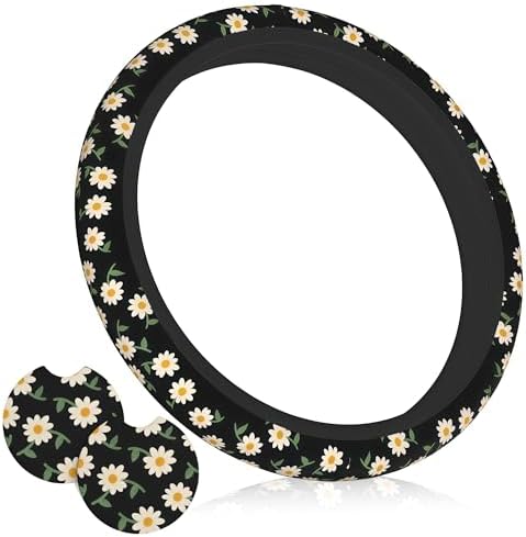 Daisy Flower Steering Wheel Cover 15 Inch + 2Pc Cute car Coasters Set by Unknown