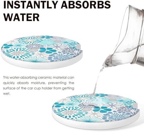 Blue Floral Car Coasters for Cup Holders Set of 2 Bohemian Absorbent Ceramic - Image 5