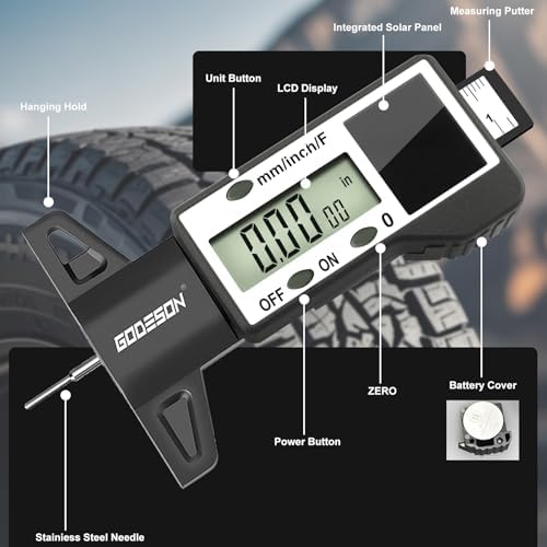 GODESON Digital Tire Tread Depth Gauge -Reads 32NDS, Inch & MM/Solar/Battery - Image 2