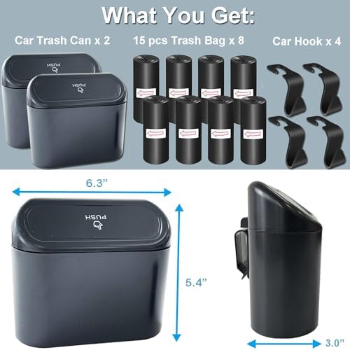 2 Pack Car Trash Can with Lid+4 PCS Car Hooks, Mini Auto Dustbin Trashcan - Image 2