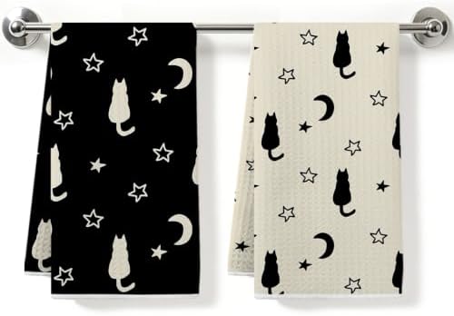 2 Pcs Cute Cat Kitchen Towels Waffle Soft Hand Towel Moon Star Decorative by ZHAMEN