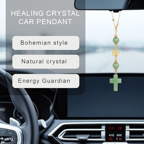 Green Aventurine Cross Car Hanging Ornament - Image 2