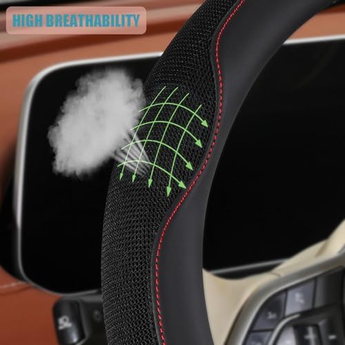 Nappa Leather Ice Silk Fabric Black Steering Wheel Cover - Image 3