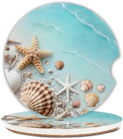 Beach Car Coasters for Cup Holders Set of 2 Ocean Shells Absorbent Ceramic Cup by Unknown