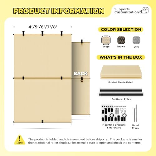 Outdoor Roller Shade 5'W x 10'H Cordless Shades Roll Up, Folding Exterior Patio - Image 5