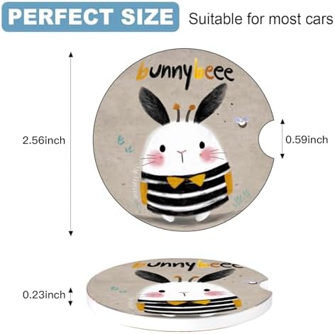 Ceramic Car Cup Holder Coasters Set of 2, 2.56 in Striped Rabbit - Image 2