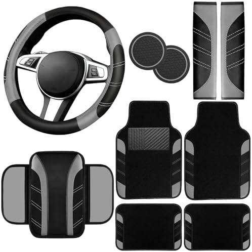 NBTEPEM 10 Pcs Grey Car Floor Mats Full Set & Sport Leather Grey Steering Wheel by NBTEPEM