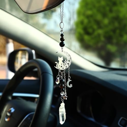 Car Rear View Mirror Witchy Accessories Car Hanging Ornament, Cat&Moon Rearview by Pyotivol
