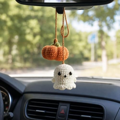 Halloween Crochet Pumpkin Ghost Car Mirror Pendant Charm by Unknown