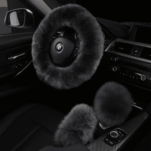 3Pcs Set Fashion Fluffy Fuzzy Wool Fur Soft Steering Wheel Cover by AOGELAN