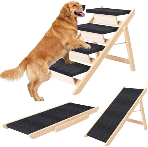 Dog Stairs/Ramp for Bed, Wooden 2-in-1 Foldable Pet Stairs & Ramp by MHLCXG