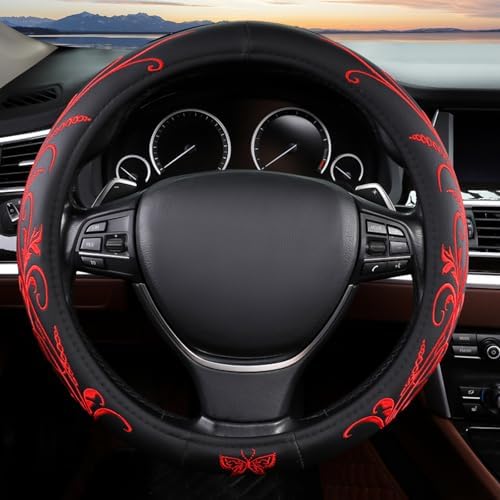 Red Embroidery Butterfly Car Steering Wheel Cover, 14.5-15 Inch Universal by ExquisiteCarAccessories