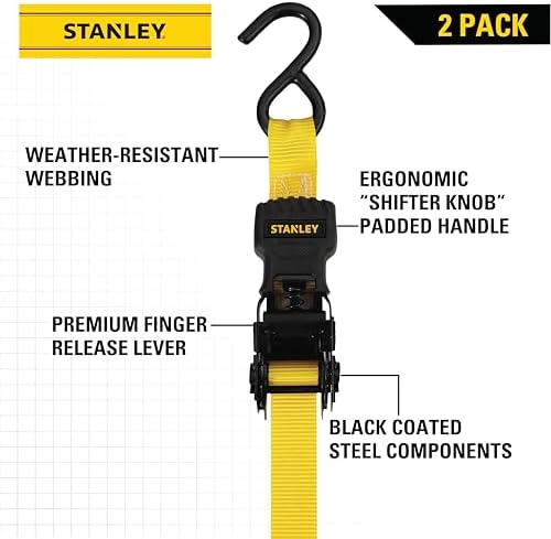 STANLEY S10002 Black/Yellow 1" x 10' Ratchet Tie Down Straps - 500 lb Safe - Image 2