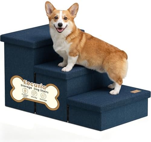 3-Step Wide Dog Stairs with Hidden Storage 18" H, Non-Slip Dog Steps by Fecuria