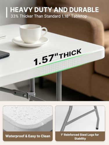 7FT Folding Table, Heavy Duty Fold-in-Half Portable Plastic White - Image 4