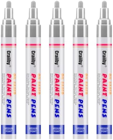Craiiby Silver Paint Markers, 5 Pack Oil-Based Waterproof Quick Dry Permanent by Craiiby