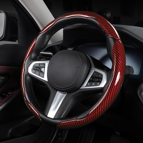 Carbon Fiber Steering Wheel Cover Universal 3pcs Protector Glossy Red - Image 3