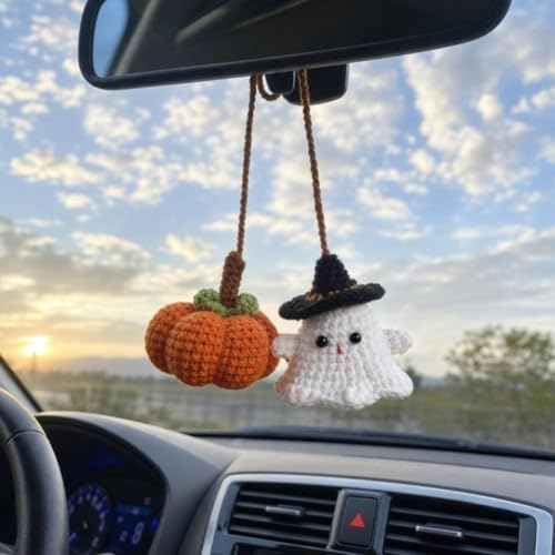 Halloween Crochet Pumpkin Ghost Car Mirror Pendant Charm - Image 5