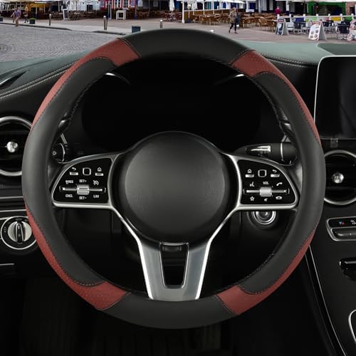 Black Burgundy Microfiber Leather Steering Wheel Cover 14 inch - Image 2