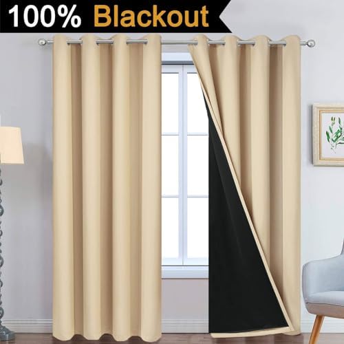 Yakamok Beige 100% Blackout Curtains 90 Inches Long - Image 2