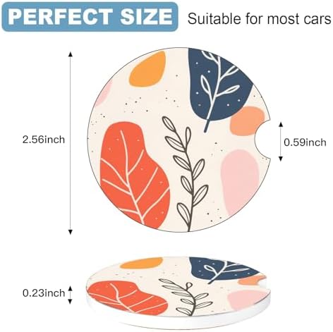 Ceramic Car Cup Holder Coasters Set of 2, 2.56 in Bohemian Leaves - Image 2
