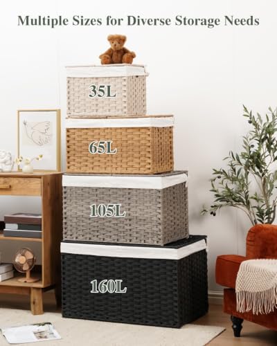 SETVSON Storage Basket with Lid PE Rattan Storage Basket 105L - Image 3
