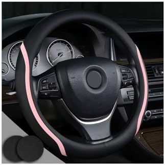 Steering Wheel Cover Black and Pink Leather Universal 14.5-15 inch by Muamos