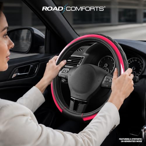Road Comforts Leather Steering Wheel Cover – Black & Hot Pink, Universal Fit - Image 3