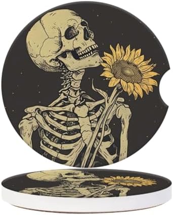 Cup Holder for Car, Skull Embracing A Sunflower Design Ceramic Coasters - Image 2