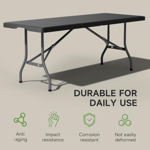 6 Foot Folding Table Black, Sturdy 330LBS Capacity, Reinforced Steel Legs - Image 6