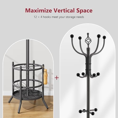 Tajsoon Coat Tree with Umbrella Stand, Coat Rack With 16 Hooks - Image 5