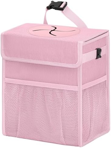 Corduroy Car Trash Can with Lid and Mesh Pockets by Unknown