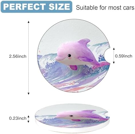Ceramic Car Cup Holder Coasters Set of 2, 2.56 in Purple Dolphin - Image 2